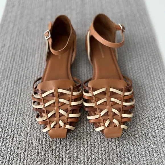 Anthropologie Brown Tan Woven Leather Ankle Strap Flats Sandals Size 8 - Picture 8 of 8